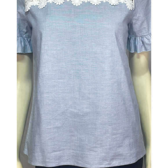 3-FOR-$30 Karl Lagerfeld Sz S Ruffle Sleeve Top Chambray Blue  White Lace - Picture 7 of 10